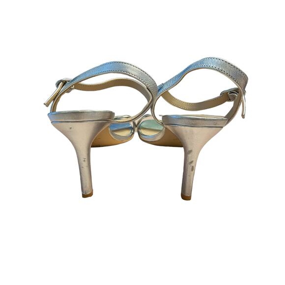 STUART WEITZMAN Twisted Stiletto Heel Sandals Leather Ankle Strap Silver Size 8 - Picture 10 of 10